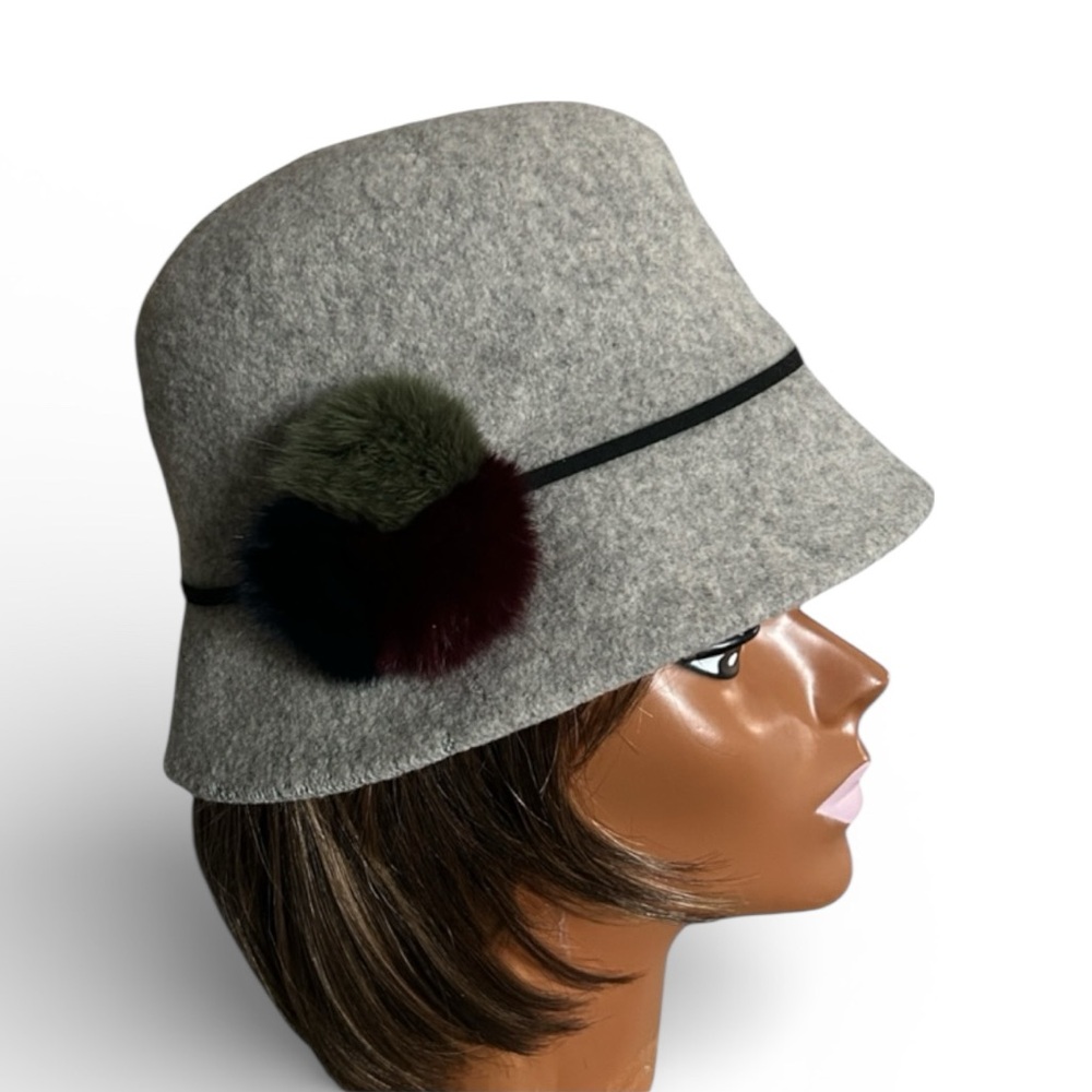 Santacana Madrid Light Gray Wool Blend Cloche Hat with Faux Fur Pom Pom Accent